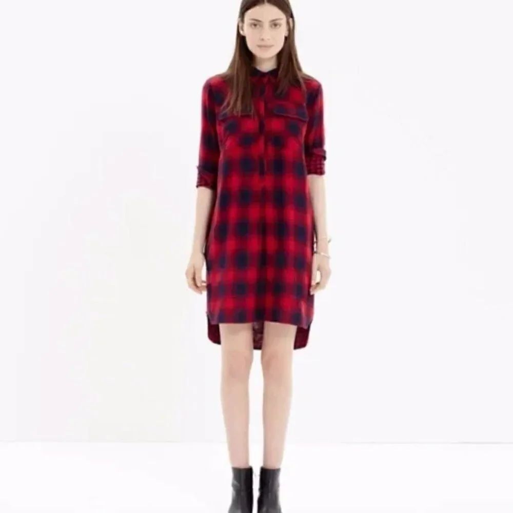 Madewell Daywalk Albion Plaid Flannel Long Sleeve Tunic Dress Button Front Up